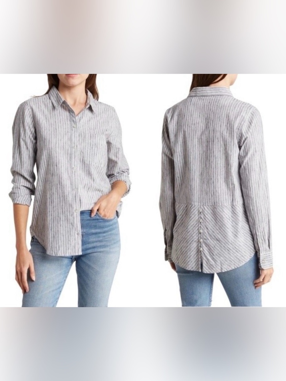 Lucky Brand Striped Button Back Long Sleeve Button Up Cotton Blend Tunic Small